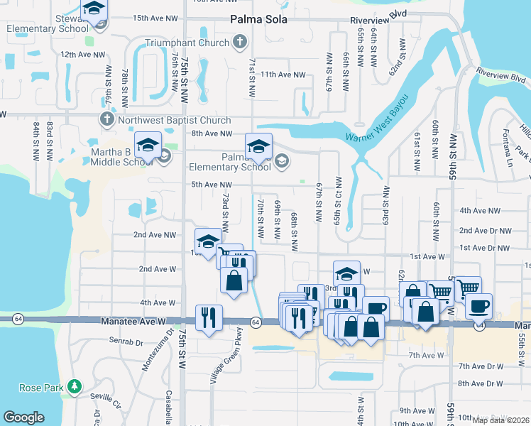 map of restaurants, bars, coffee shops, grocery stores, and more near 312 70th Street Northwest in Bradenton