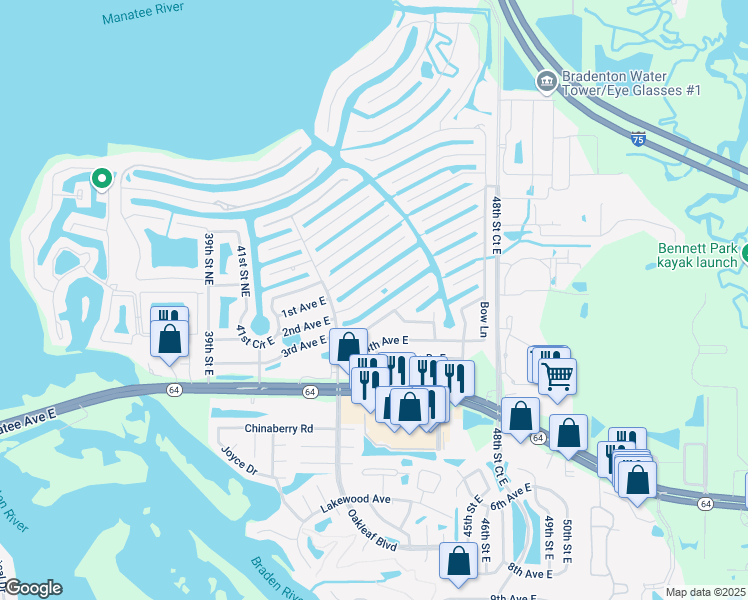 map of restaurants, bars, coffee shops, grocery stores, and more near 4515 Shark Drive in Bradenton