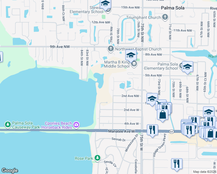 map of restaurants, bars, coffee shops, grocery stores, and more near 314 79th Street Northwest in Bradenton