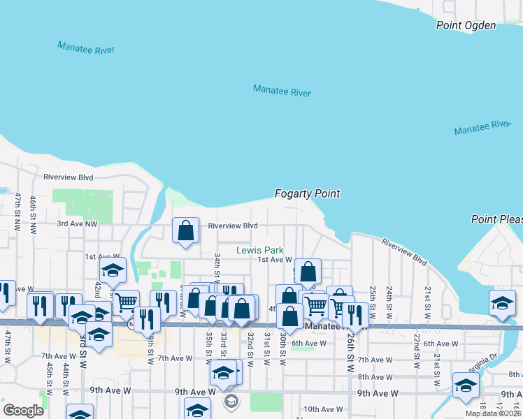 map of restaurants, bars, coffee shops, grocery stores, and more near 403 31st Street Northwest in Bradenton