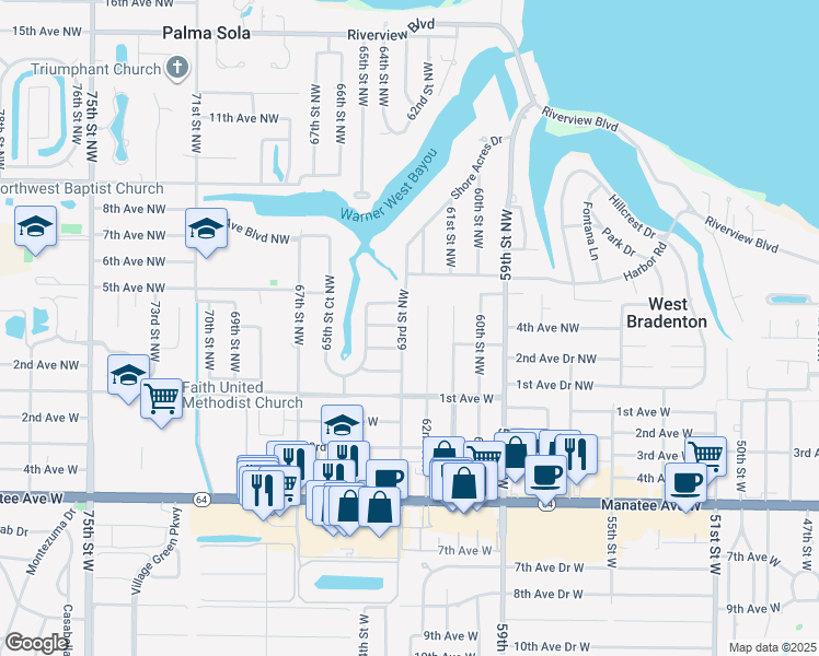 map of restaurants, bars, coffee shops, grocery stores, and more near 315 63rd Street Northwest in Bradenton