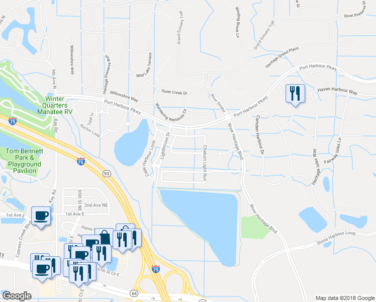 map of restaurants, bars, coffee shops, grocery stores, and more near 337 Beacon Harbour Loop in Bradenton