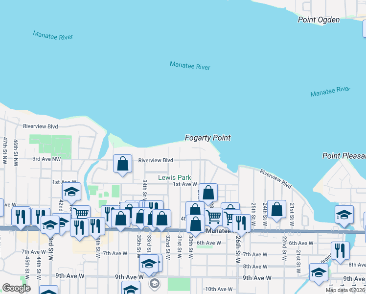 map of restaurants, bars, coffee shops, grocery stores, and more near 403 31st Street Northwest in Bradenton