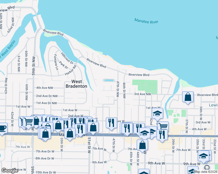 map of restaurants, bars, coffee shops, grocery stores, and more near 4807 4th Avenue Circle Northwest in Bradenton