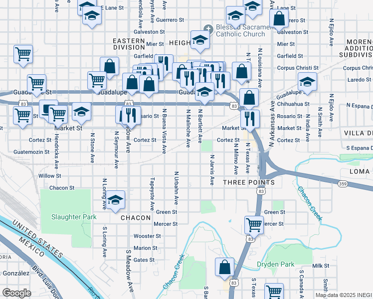 map of restaurants, bars, coffee shops, grocery stores, and more near 712 North Malinche Avenue in Laredo