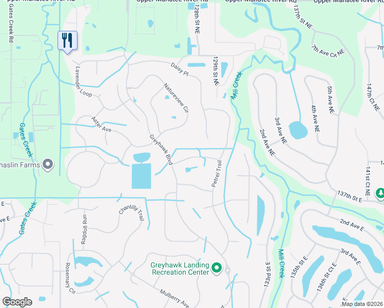 map of restaurants, bars, coffee shops, grocery stores, and more near 12731 Penguin Drive in Bradenton