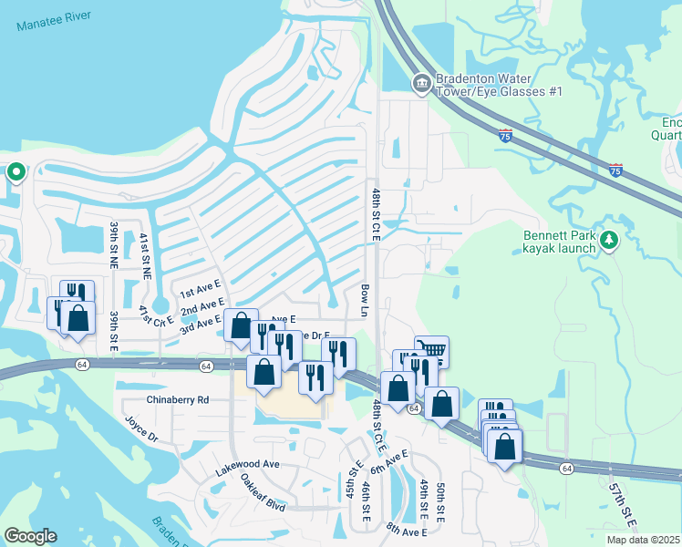 map of restaurants, bars, coffee shops, grocery stores, and more near 4708 Clipper Drive in Bradenton