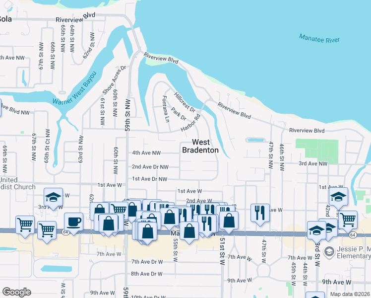 map of restaurants, bars, coffee shops, grocery stores, and more near 5411 5th Avenue Drive Northwest in Bradenton