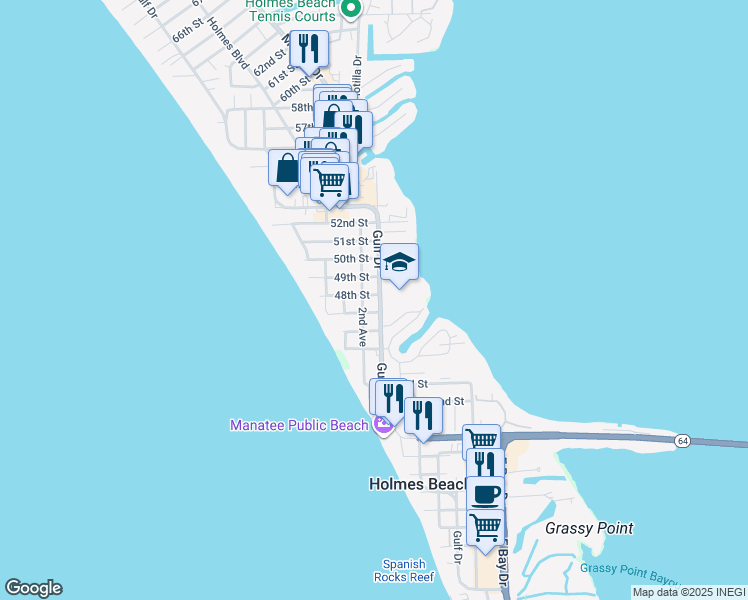 map of restaurants, bars, coffee shops, grocery stores, and more near 4708 Gulf Drive in Holmes Beach