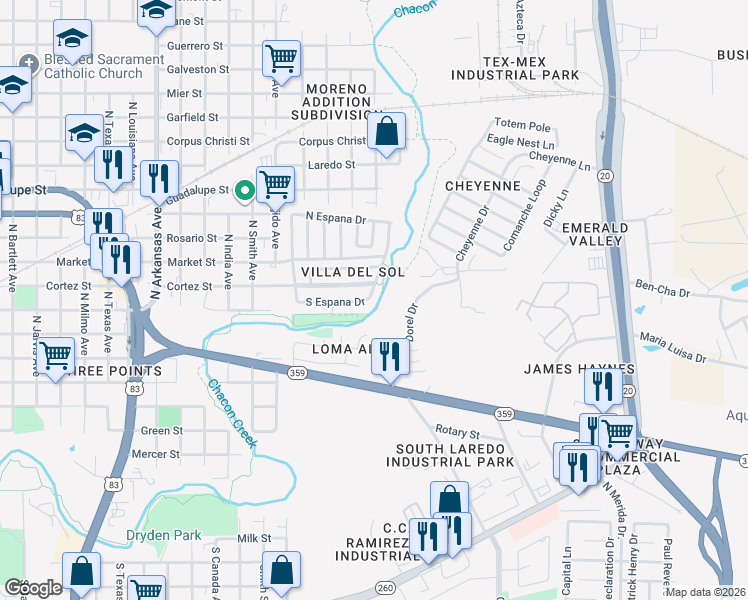 map of restaurants, bars, coffee shops, grocery stores, and more near 314 S Espana Dr in Laredo