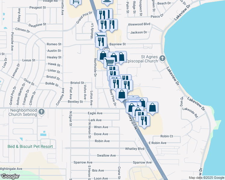 map of restaurants, bars, coffee shops, grocery stores, and more near 350 Red Pine Drive in Sebring
