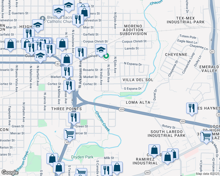 map of restaurants, bars, coffee shops, grocery stores, and more near 709 North Smith Avenue in Laredo