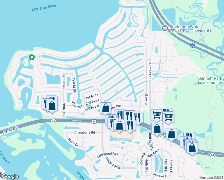 map of restaurants, bars, coffee shops, grocery stores, and more near 4515 Shark Drive in Bradenton