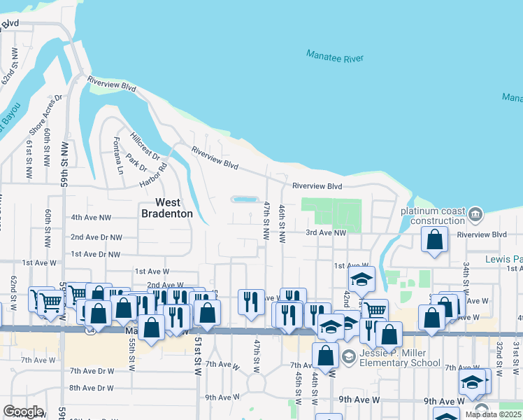 map of restaurants, bars, coffee shops, grocery stores, and more near 416 47th Street Northwest in Bradenton