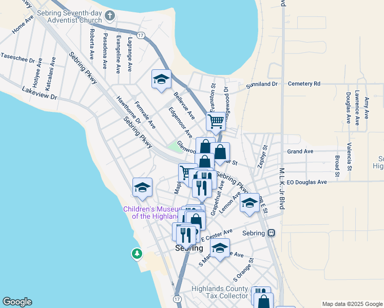 map of restaurants, bars, coffee shops, grocery stores, and more near 739 Glenwood Avenue in Sebring