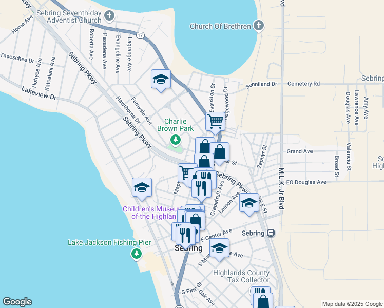 map of restaurants, bars, coffee shops, grocery stores, and more near 739 Glenwood Avenue in Sebring