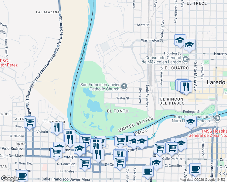 map of restaurants, bars, coffee shops, grocery stores, and more near 2616 Zaragoza Street in Laredo