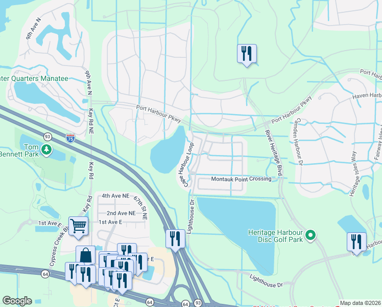 map of restaurants, bars, coffee shops, grocery stores, and more near 233 Cape Harbour Loop in Bradenton