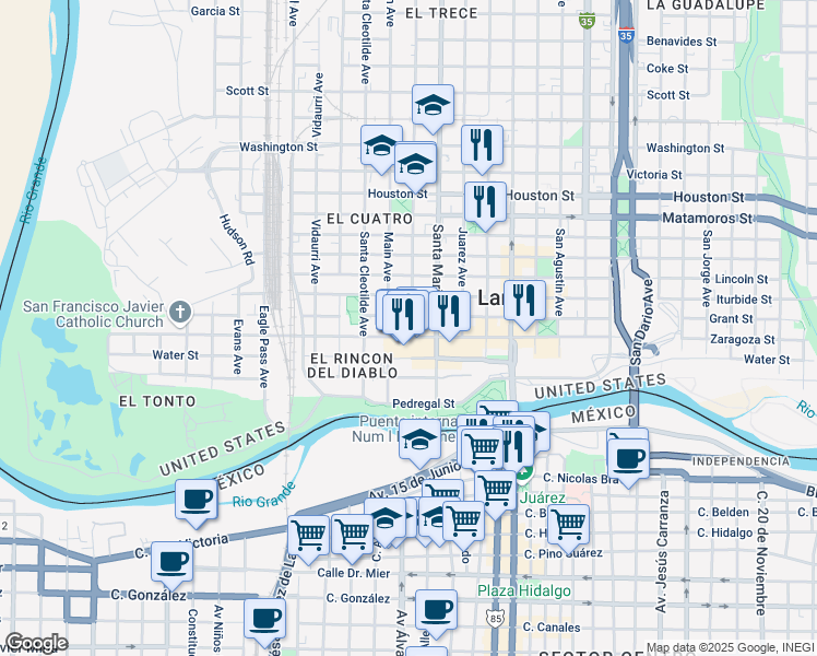 map of restaurants, bars, coffee shops, grocery stores, and more near 210 Davis Avenue in Laredo