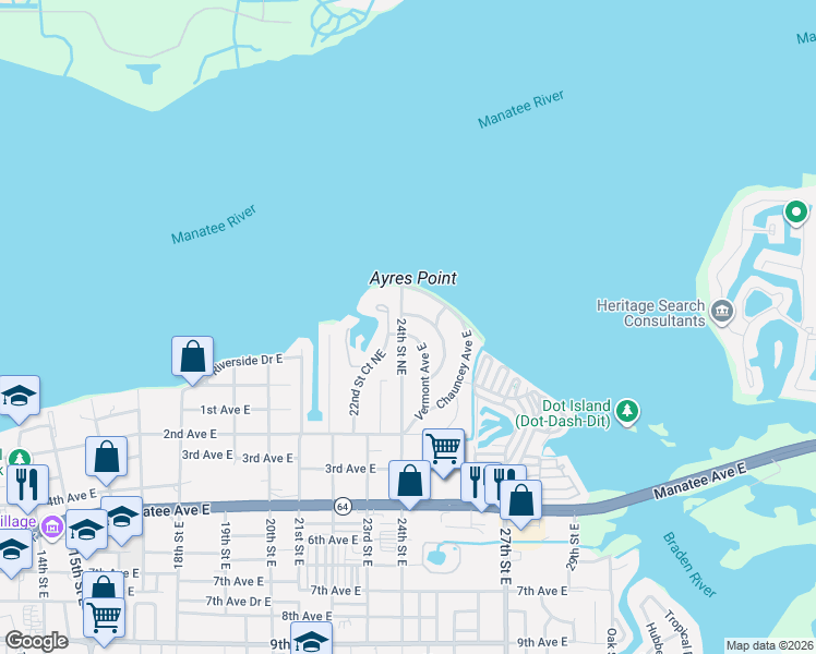 map of restaurants, bars, coffee shops, grocery stores, and more near 309 24th Street Northeast in Bradenton