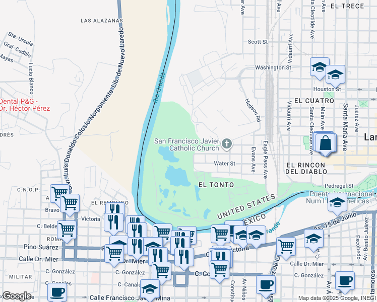 map of restaurants, bars, coffee shops, grocery stores, and more near 2802 Zaragoza Street in Laredo