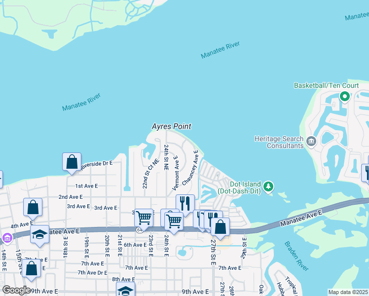 map of restaurants, bars, coffee shops, grocery stores, and more near 317 Crescent Court East in Bradenton