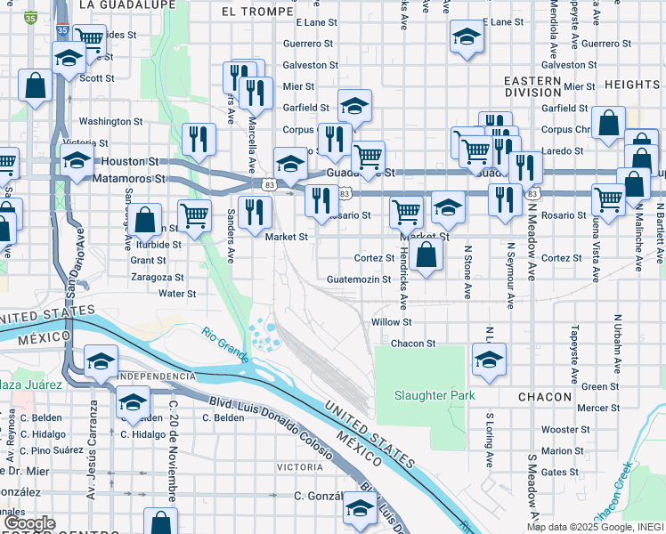 map of restaurants, bars, coffee shops, grocery stores, and more near 717 Lexington Avenue in Laredo