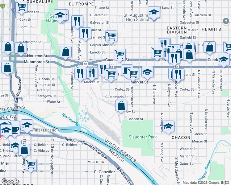 map of restaurants, bars, coffee shops, grocery stores, and more near 712 Logan Ave in Laredo