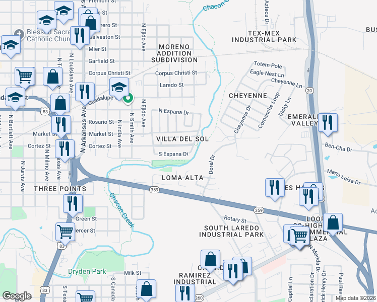 map of restaurants, bars, coffee shops, grocery stores, and more near 314 South Espana Drive in Laredo