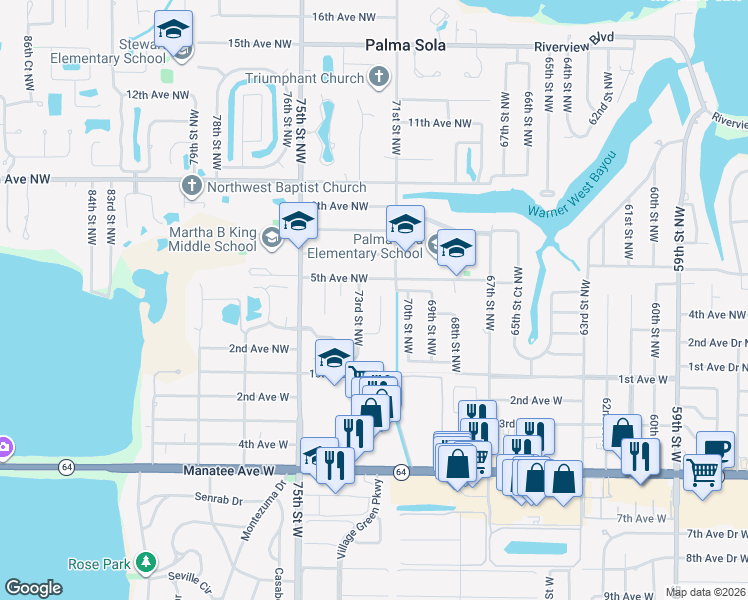 map of restaurants, bars, coffee shops, grocery stores, and more near 402 72nd Street Northwest in Bradenton