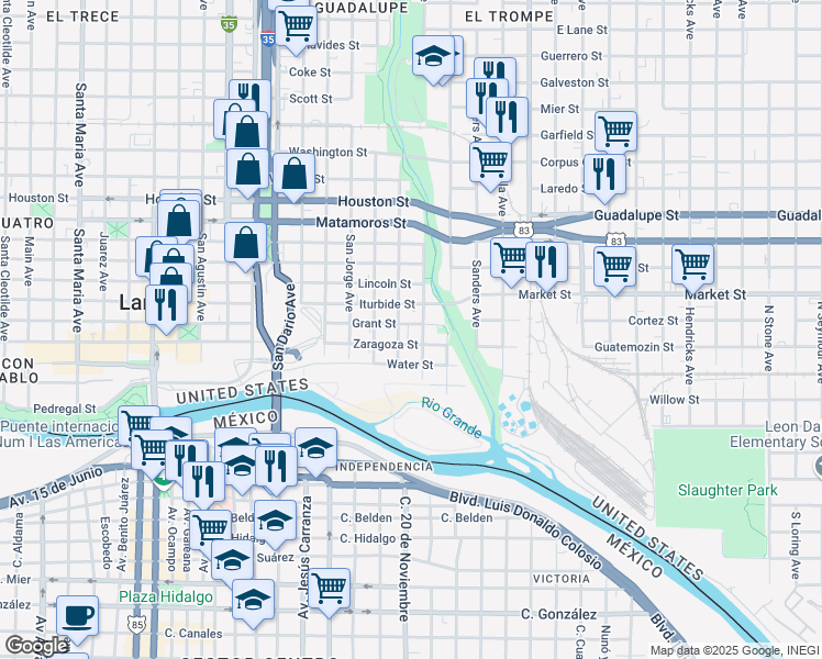 map of restaurants, bars, coffee shops, grocery stores, and more near 109 Grant Street in Laredo