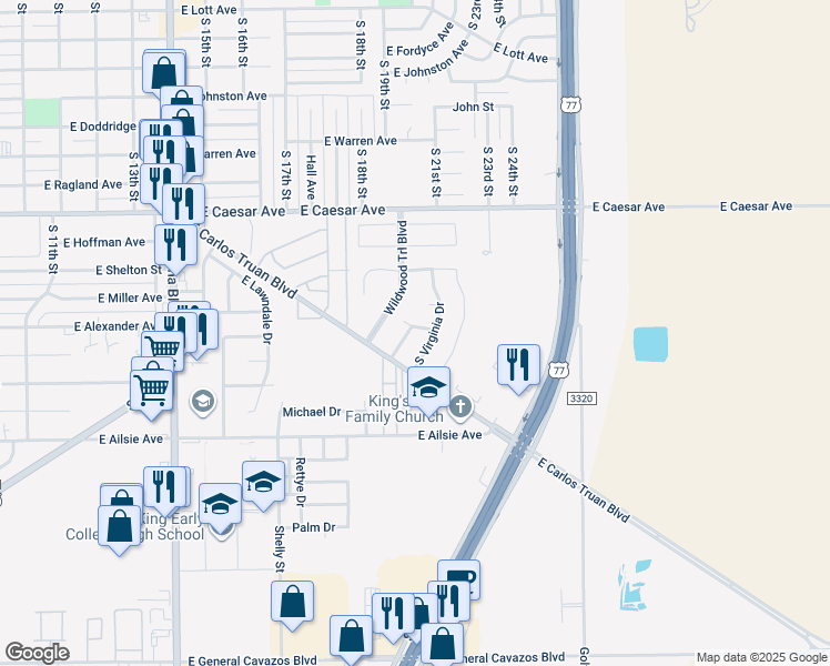 map of restaurants, bars, coffee shops, grocery stores, and more near 1502 South Parker Drive in Kingsville
