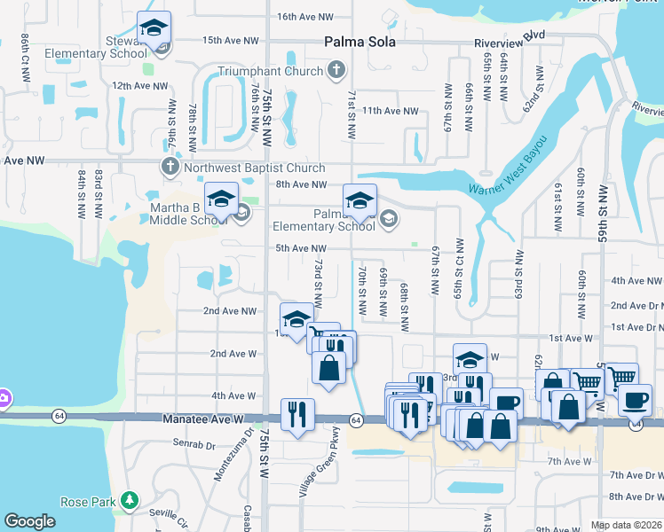 map of restaurants, bars, coffee shops, grocery stores, and more near 402 72nd Street Northwest in Bradenton