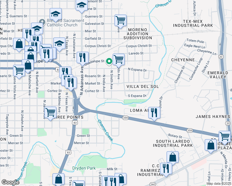 map of restaurants, bars, coffee shops, grocery stores, and more near 709 North Smith Avenue in Laredo