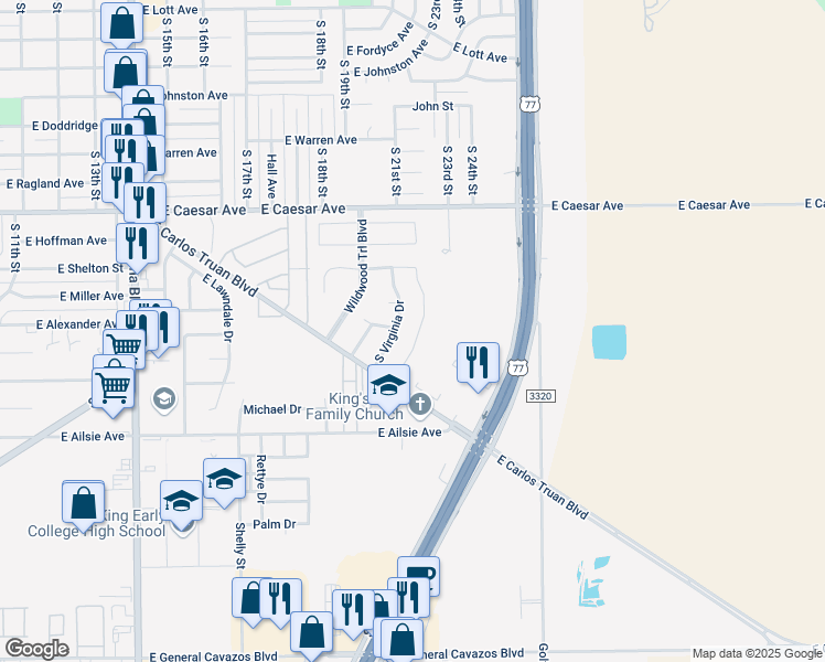 map of restaurants, bars, coffee shops, grocery stores, and more near 1509 Lewis Street in Kingsville
