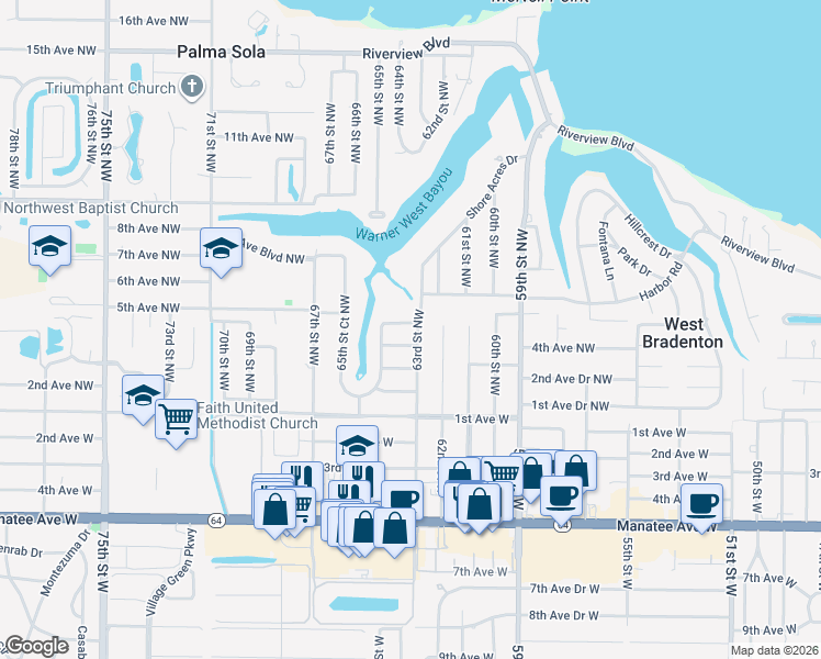 map of restaurants, bars, coffee shops, grocery stores, and more near 6303 5th Avenue Northwest in Bradenton