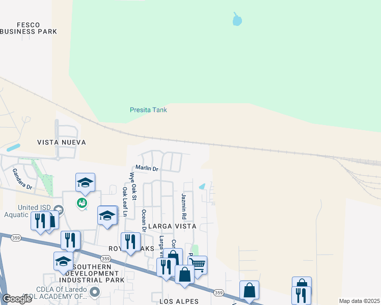 map of restaurants, bars, coffee shops, grocery stores, and more near 608 Larga Vista Drive in Laredo
