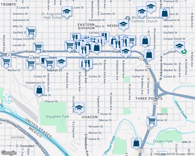 map of restaurants, bars, coffee shops, grocery stores, and more near 1719 Cortez Street in Laredo