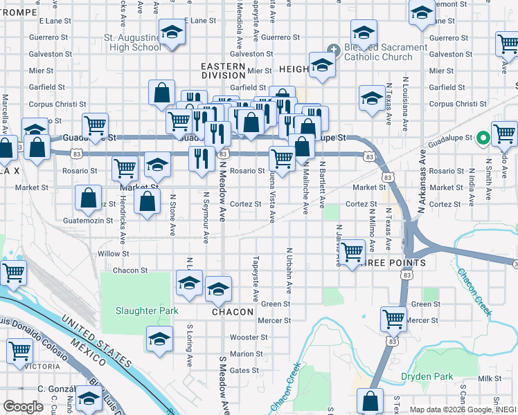 map of restaurants, bars, coffee shops, grocery stores, and more near 1719 Cortez Street in Laredo