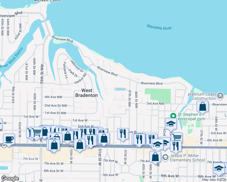 map of restaurants, bars, coffee shops, grocery stores, and more near 4907 4th Avenue Circle Northwest in Bradenton