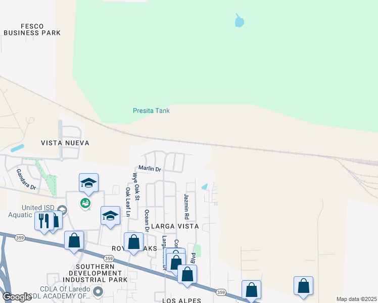 map of restaurants, bars, coffee shops, grocery stores, and more near 608 Larga Vista Drive in Laredo