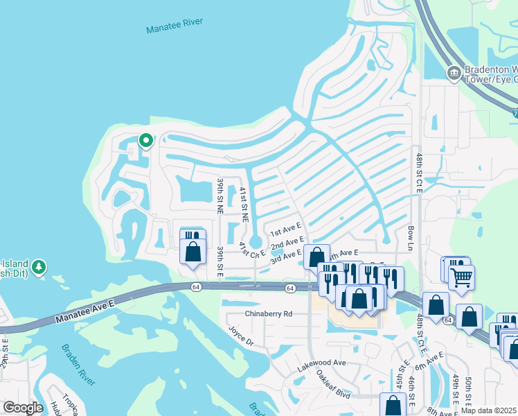 map of restaurants, bars, coffee shops, grocery stores, and more near 4114 2nd Avenue Northeast in Bradenton