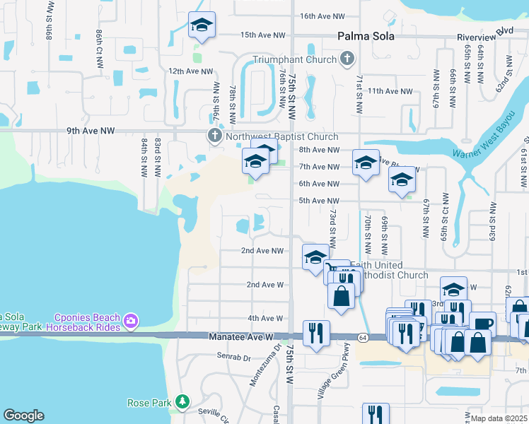 map of restaurants, bars, coffee shops, grocery stores, and more near 314 76th Street Northwest in Bradenton