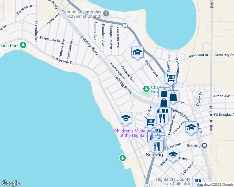 map of restaurants, bars, coffee shops, grocery stores, and more near 2420 Lakeview Drive in Sebring