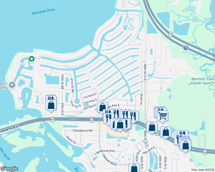 map of restaurants, bars, coffee shops, grocery stores, and more near 4515 Shark Drive in Bradenton