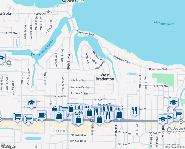 map of restaurants, bars, coffee shops, grocery stores, and more near 899 Hillcrest Drive in Bradenton