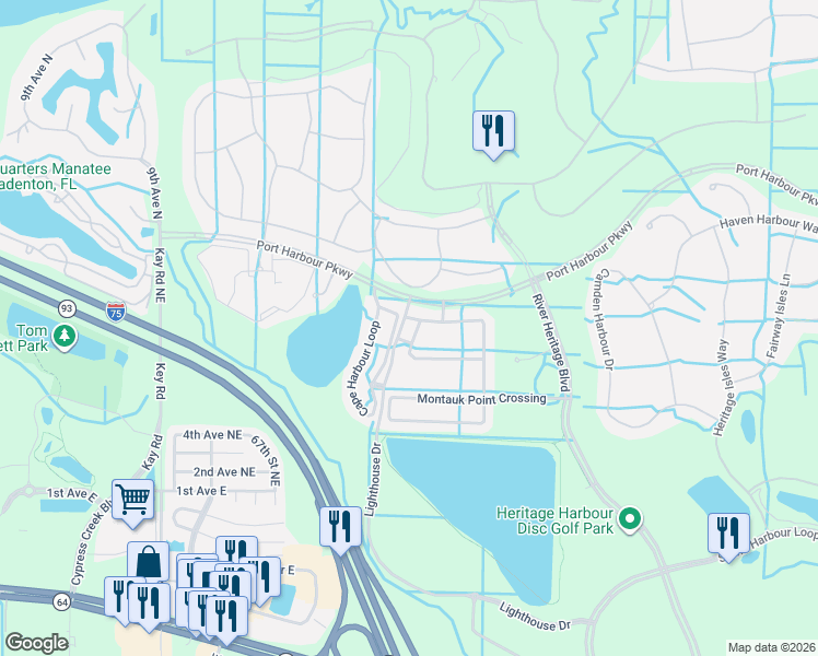 map of restaurants, bars, coffee shops, grocery stores, and more near 218 Beacon Harbour Loop in Bradenton