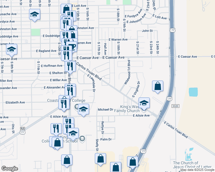 map of restaurants, bars, coffee shops, grocery stores, and more near 18 East Carlos Truan Boulevard in Kingsville