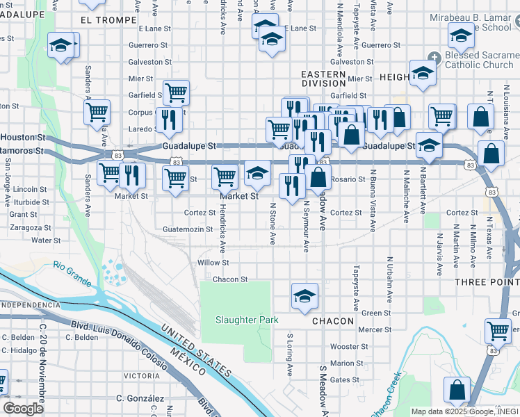 map of restaurants, bars, coffee shops, grocery stores, and more near 1202 Cortez Street in Laredo