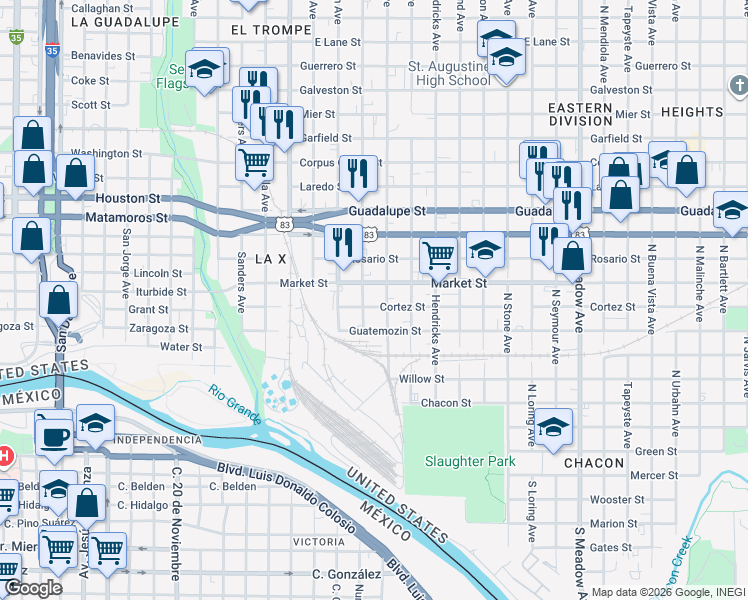 map of restaurants, bars, coffee shops, grocery stores, and more near 712 Logan Avenue in Laredo